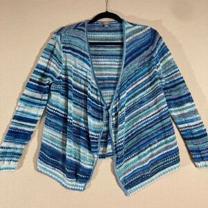 J. Jill Cardigan Women Large Blue Striped Linen Cotton Preppy Costal Resort Wear